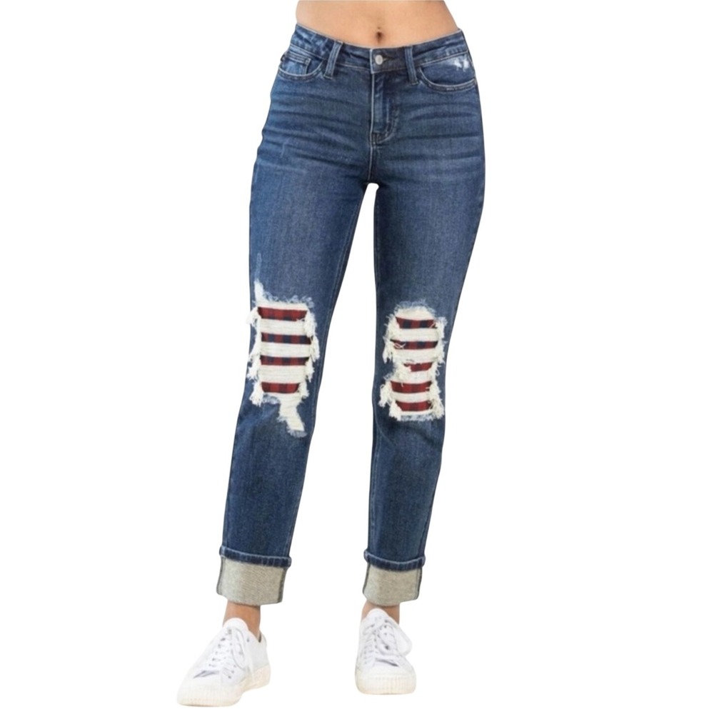 Judy Blue Distressed Plaid Patch Skinny Jeans Dark Wash Mid‎ Rise Grunge 9/29